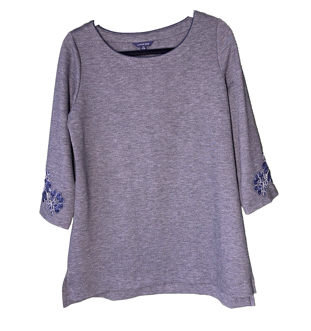 Lands End Shirt Womens Medium 10- 12 Pullover Casual Gray & Floral Tunic Blouse